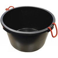 Black Faithfull builder's bucket, 65L capacity, with red rope handles on each side.