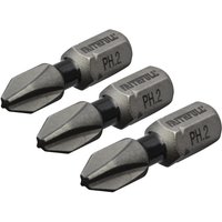 Faithfull Phillips impact screwdriver bits PH2, 25mm, silver and black, pack of 3 with engraved labels.