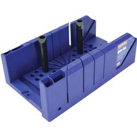 Blue Faithfull plastic mitre box with clamping pegs and multiple cutting slots.