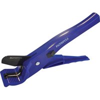 Blue Faithfull plastic pipe cutter with ergonomic handle and sharp stainless steel blade.