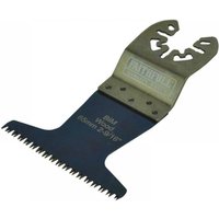 Faithfull bi-metal blade with arc cut, 65mm width, silver and black with toothed edge and mounting slots.