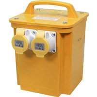 Yellow Faithfull portable site transformer with two 110v sockets and a sturdy handle on top.