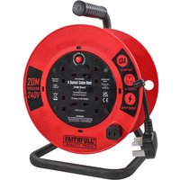 Red Faithfull Power Plus 13A cable reel with 4 sockets, black center, and carrying handle on a metal stand.
