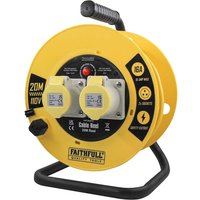 Yellow Faithfull Power Plus cable reel with two 16A sockets, 110v, 20m length, black handle, and sturdy metal frame.