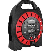 Black and red Faithfull Power Plus cable reel with handle, four sockets, and semi-enclosed design.