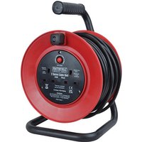 Red Faithfull Power Plus cable reel with black handle, two sockets, and 25-meter coiled cable on a metal stand.