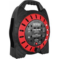 Black and red Faithfull Power Plus cable reel with 4 sockets and 20M cable, featuring a sturdy handle.