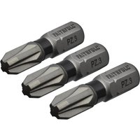 Faithfull Pozi Impact Screwdriver Bits Pz3, 25mm, silver with black ring, pack of 3, engraved with brand and size.