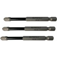 Faithfull Pozidriv impact screwdriver bits Pz3 x 75mm, silver and black, pack of 3 with hex shank.