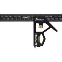 Black Faithfull Prestige combination square with brass knobs, spirit level, and 300mm metric ruler.