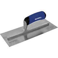 Faithfull Prestige plastering trowel with blue soft-grip handle and stainless steel blade.