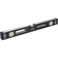 Black Faithfull Prestige spirit level with silver edges, three green bubble vials, and rubber end caps.