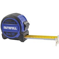 Black and blue Faithfull Pro Tape Measure, 8M/26Ft, 32mm wide, with yellow measuring tape extended.