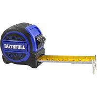 Black and blue Faithfull Pro Tape Measure with yellow retractable blade and clear measurement markings.