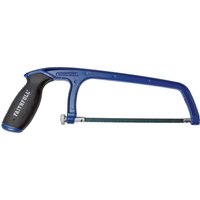 Blue Faithfull mini hacksaw with black ergonomic handle and adjustable metal blade tensioner.