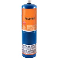 Blue and orange Faithfull propane gas cylinder with safety label and white cap.