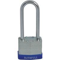 Laminated steel padlock with long shackle, silver body, blue base labeled "Faithfull," includes three keys.