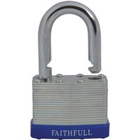Laminated steel padlock with blue base, silver shackle, and "FAITHFULL" branding, includes three keys.