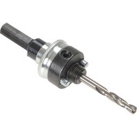 Black and silver Faithfull quick release hole saw arbor with hex shank and drill bit for 32-150mm hole saws.