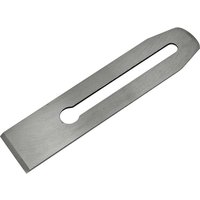 Silver Faithfull replacement blade for No 3 bench plane, rectangular with a central slot and rounded top edge.