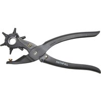 Black Faithfull revolving punch pliers with rotating wheel and multiple hole sizes.