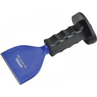 Faithfull brick bolster with blue steel blade and black ergonomic grip handle, 100mm wide.