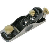 Black and silver Faithfull block plane with brass adjustment knobs in a wooden box.