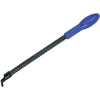Black Faithfull round file hand rasp with textured metal shaft and blue ergonomic handle.