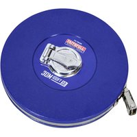 Blue Faithfull rounded long fibreglass tape measure with metal clasp and 30m marking.