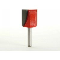 Faithfull router bit with red two-flute cutting head, 25mm diameter, 25mm length, and 1/4-inch silver shank.
