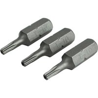 Faithfull S2 Security Torx Screwdriver Bits, metallic gray, hexagonal base, star-shaped tip, set of three.