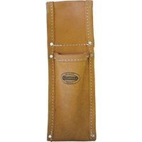 Brown leather Faithfull Scaffold Level Holder with stitched edges and embossed logo.