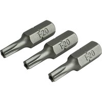 Pack of three Faithfull T20S steel screwdriver bits, 25mm length, silver finish with "T-20" engraved on each bit.