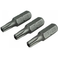 Faithfull T25S steel screwdriver bits, 25mm, pack of 3, hexagonal shape with engraved T25 marking.