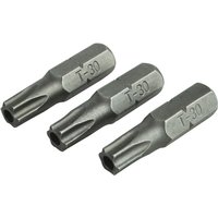 Faithfull Security S2 steel screwdriver bits T30S, 25mm, pack of 3, silver finish with T-30 engraving.