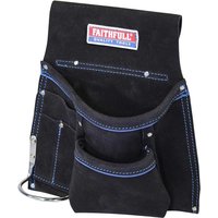 Black Faithfull tool and nail pouch with multiple pockets, blue stitching, and metal loop.