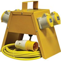 Yellow Faithfull 4-way 110v site distribution box with four sockets and a coiled yellow power cable.
