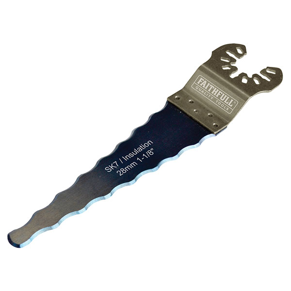 Wavy edge insulation cutter blade with a 100mm length, featuring a metallic finish and serrated edges for efficient cutting, labeled "SK7 Insulation" on the blade.