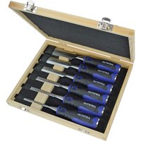 Faithfull 6-piece wood chisel set with blue soft grip handles in a wooden case.