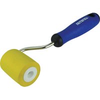 Yellow Faithfull seam roller with a soft blue grip handle and a curved metal neck.