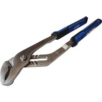 Faithfull Soft Grip Water Pump Pliers with adjustable jaws, silver metal body, and blue-black rubber handles.