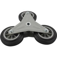 Gray triangular metal frame with three black rubber wheels for Faithfull stair climber sack truck.
