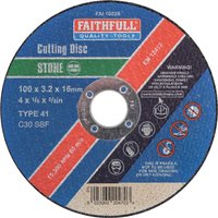 Round Faithfull stone cutting disc with blue, red, and green segments, labeled for 100mm size and stone cutting.