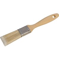 Faithfull Synthetic Paint Brush with beige wooden handle and silver metal ferrule, featuring white bristles.