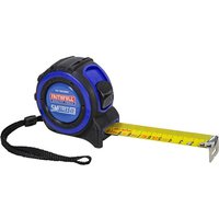 Blue and black Faithfull 5M tape measure with yellow metric tape and wrist strap.