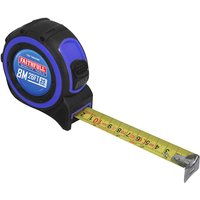 Black and blue Faithfull tape measure, 8M/26Ft, 25mm wide, with yellow tape extended showing measurements.