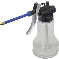 Transparent plastic oil can with blue nozzle, black top, and silver trigger handle.