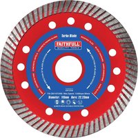 Red and blue Faithfull Turbo Cut Diamond Cutting Disc with serrated edge and multiple circular holes.