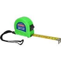 Bright green Faithfull Twin Lock Hi Vis tape measure with black wrist strap and yellow measuring tape.