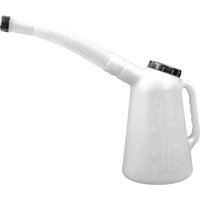 White plastic measuring jug with a flexible spout and black screw-on cap, featuring a side handle.